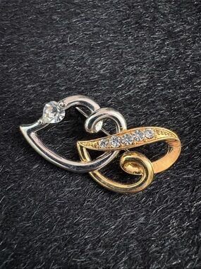 Two-Tone Heart Swirl Brooch/Pendant with Clear Stones - Gold & Silver